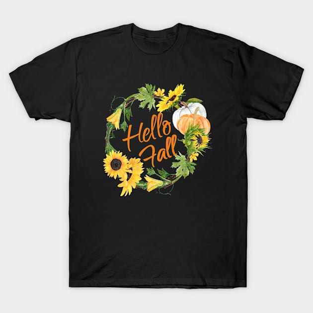 Hello Fall Pretty Sunflower Autumn Thanksgiving Wreath Women T-Shirt by Kimmicsts